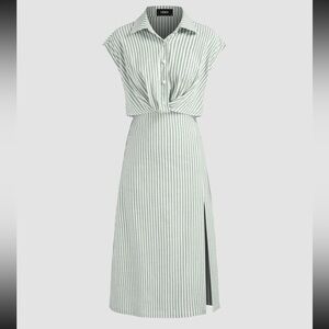 Cotton Blend Midi collar striped dress